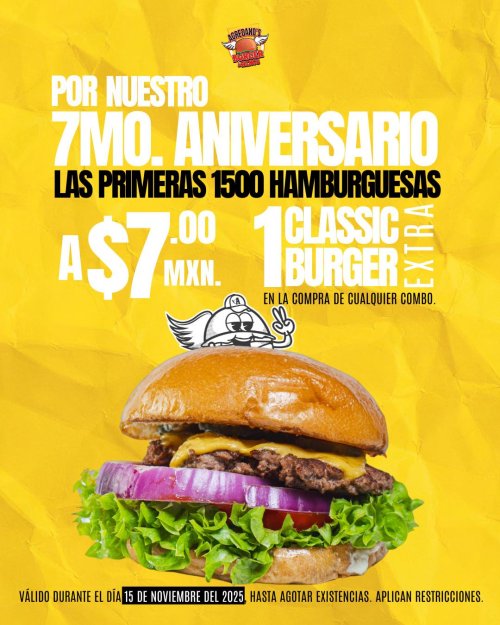 Agredano’s Burger & Wings celebra 7 años y lo festeja con hamburguesas a $7 pesos este 15 de noviembre